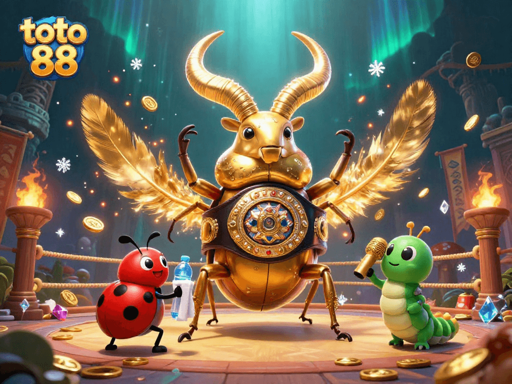 Engage with toto 88 and explore a vibrant 3D scene of a golden stag beetle in a casino showdown.