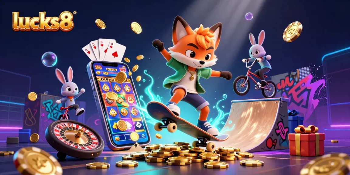 Experience thrills with lucks8 as a fox and rabbit perform tricks over golden poker chips.