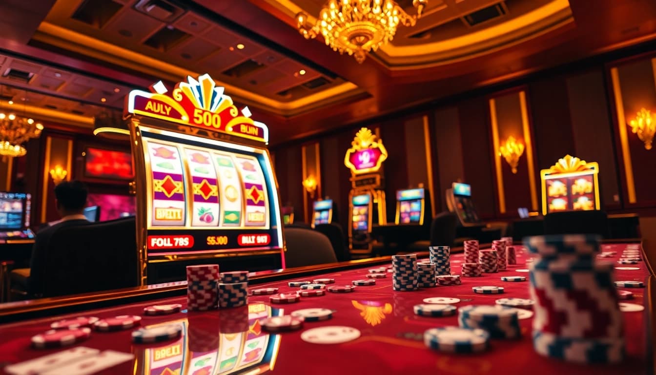 Scene yang menarik menggambarkan aman788 slot online dengan mesin slot bergaya, chip poker, dan kartu di meja kasino.
