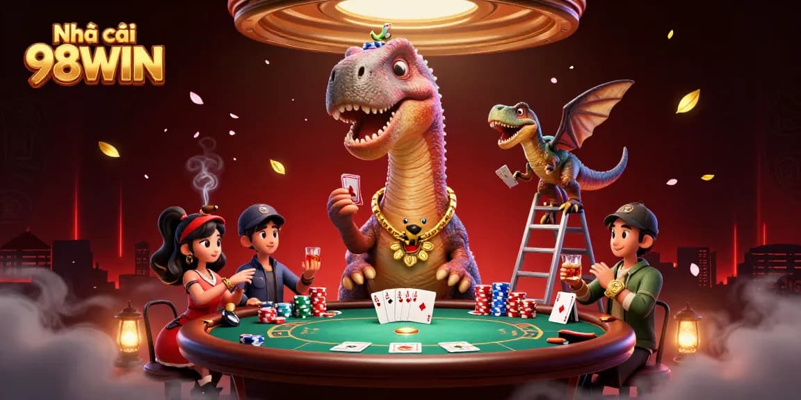 Engage with Nhà cái 98WIN at a vibrant casino scene featuring a giant brontosaurus above a poker table.