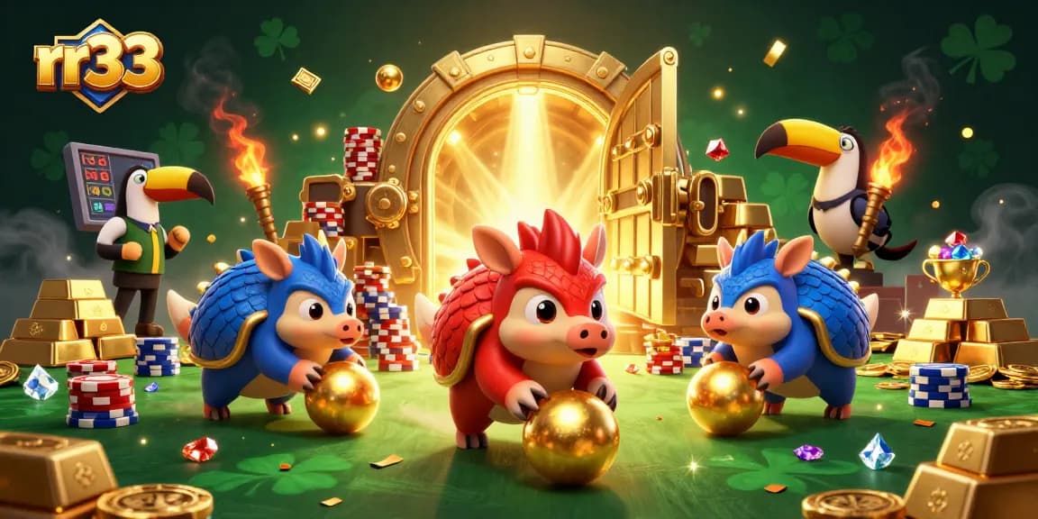 rr33 pangolins bowling through poker chips in a vibrant casino scene filled with gold and gems