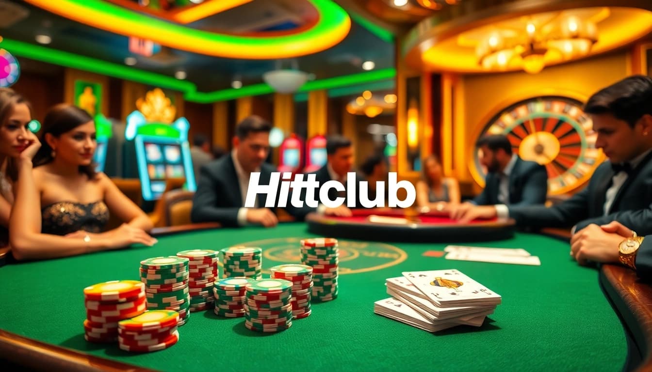 Hitclub players strategizing at a luxurious poker table, surrounded by vibrant casino gaming elements.