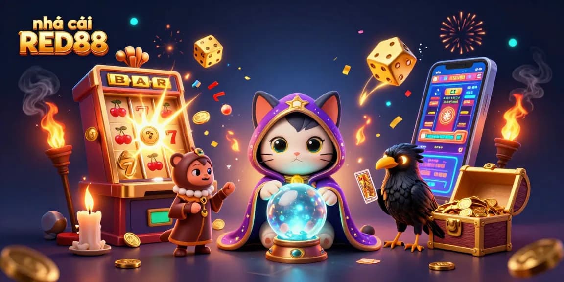 Engage with nhà cái RED88 in this vibrant illustration showcasing dynamic casino elements and characters.