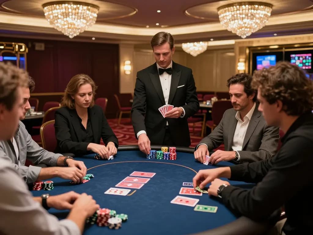 Betbet players engaged in intense poker action at an elegant casino table during an exciting gaming session.