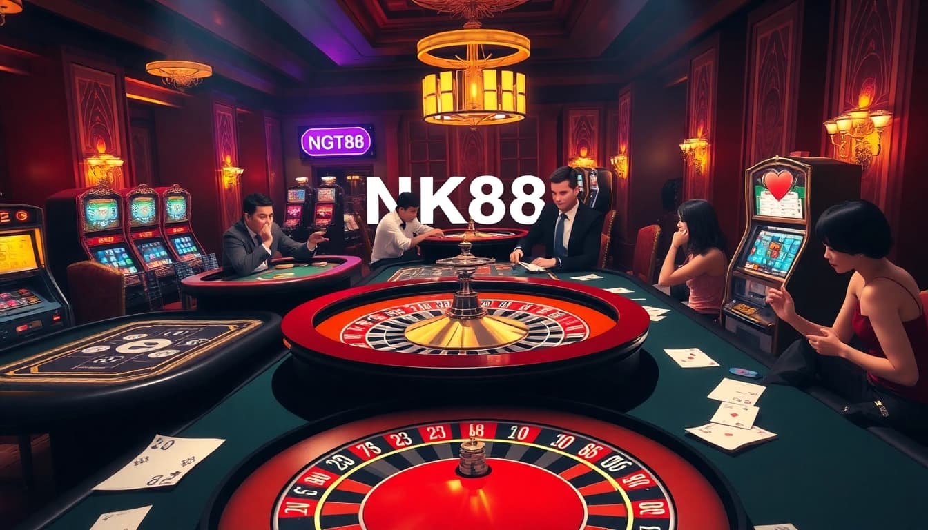 Players enjoy high-stakes games at NK88 casino tables, capturing excitement and luxury.