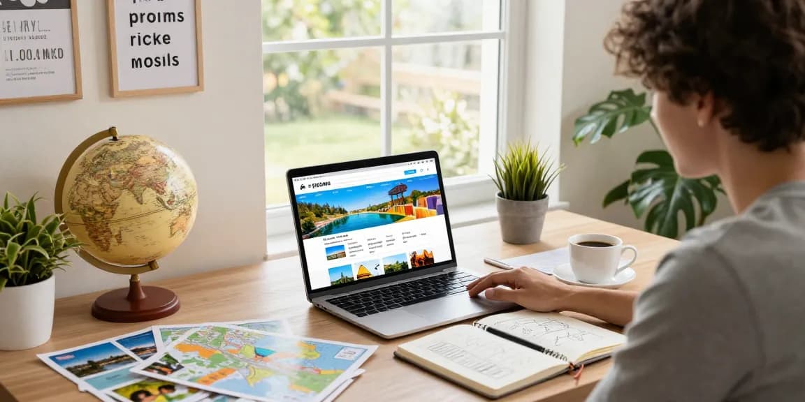 Perencanaan perjalanan di rumah dengan https://miami4d.com/ terbuka, peta dan brosur di meja kerja.