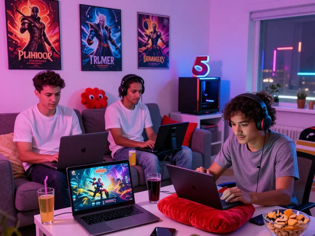 Immersive gaming environment with players enjoying various porngames on multiple devices.