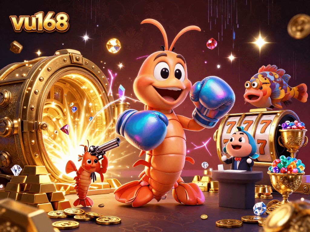 Join the excitement of vu168 casino gaming with lively characters amidst treasures and slot action.