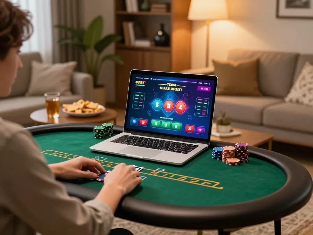 Engaging in online poker with MM88 at home, showcasing a cozy gaming setup and vibrant game interface.