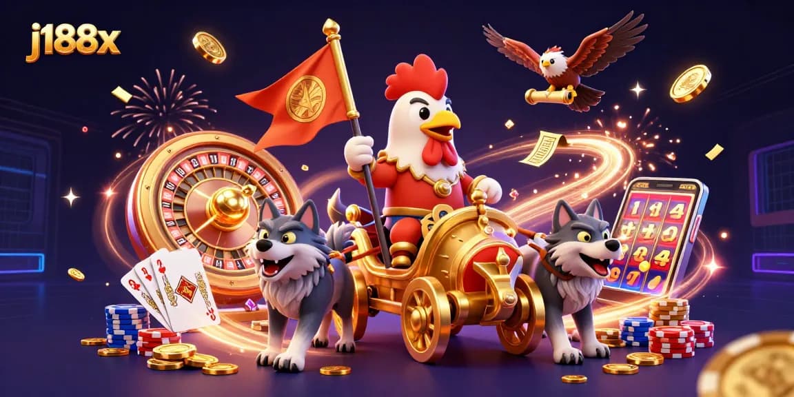 Experience thrilling gameplay at j188x with vibrant champions in an exciting 3D casino scene.