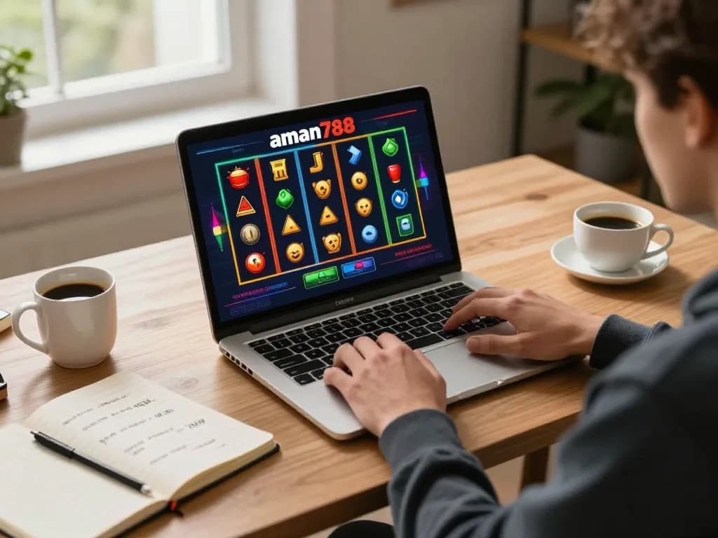 Seorang pemain menikmati aman788 slot online di rumah dengan suasana hangat dan strategi permainan yang ditampilkan.