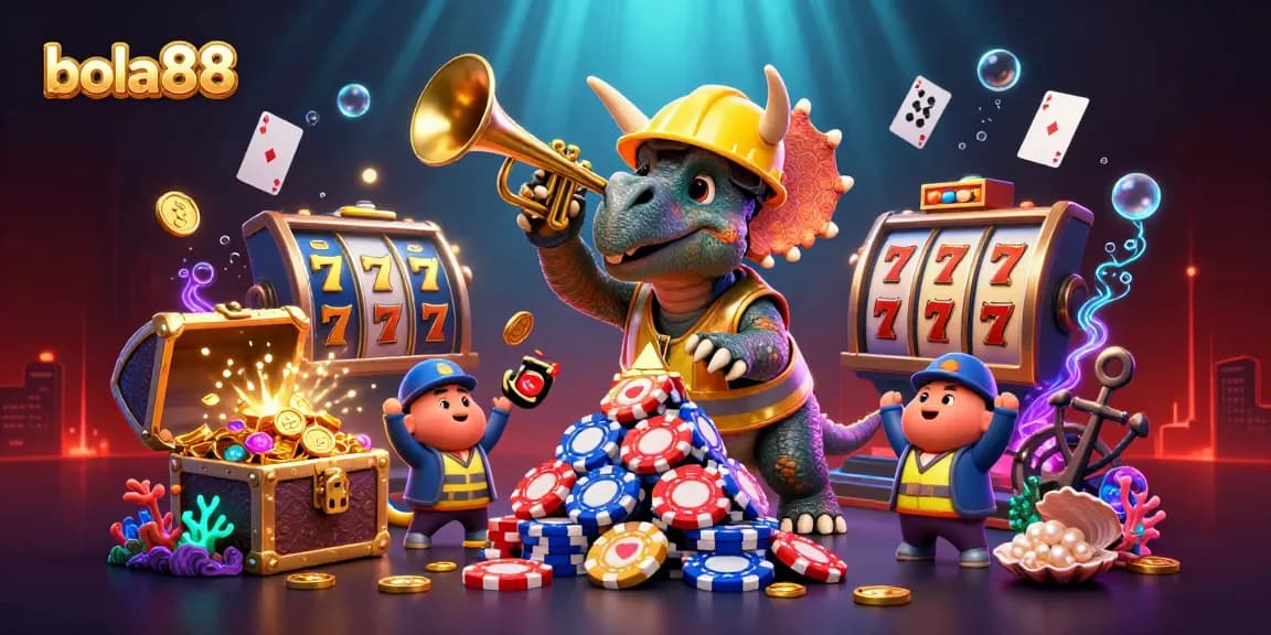 Bola88 players celebrate big wins as a triceratops builds poker chip pyramids amidst vibrant slot game elements.