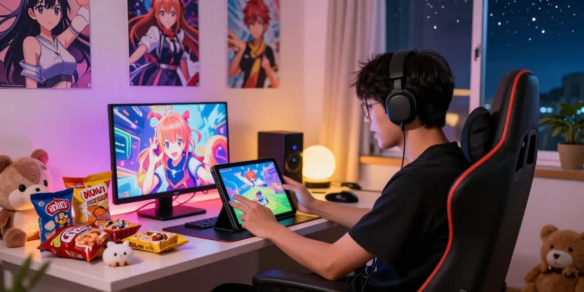 Engaging player immersed in a hentai game with vibrant colors and cozy atmosphere.