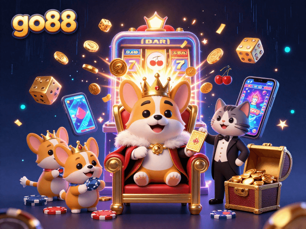 Experience the thrill of go88 with a corgi royal surrounded by vibrant casino elements.