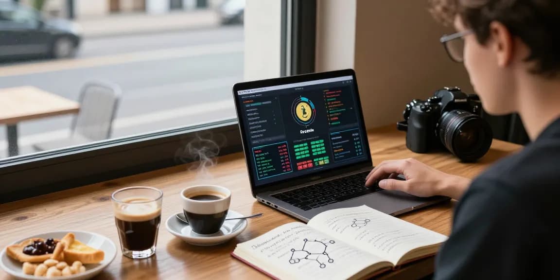 Instant withdrawal casinos researched on laptop with blockchain charts in a cozy cafe.