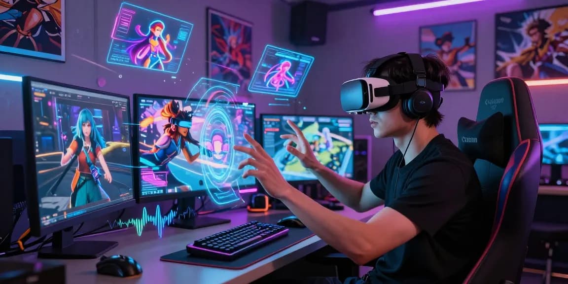 Gamer engaging in ai roleplay with immersive AI characters in a vibrant futuristic setting.