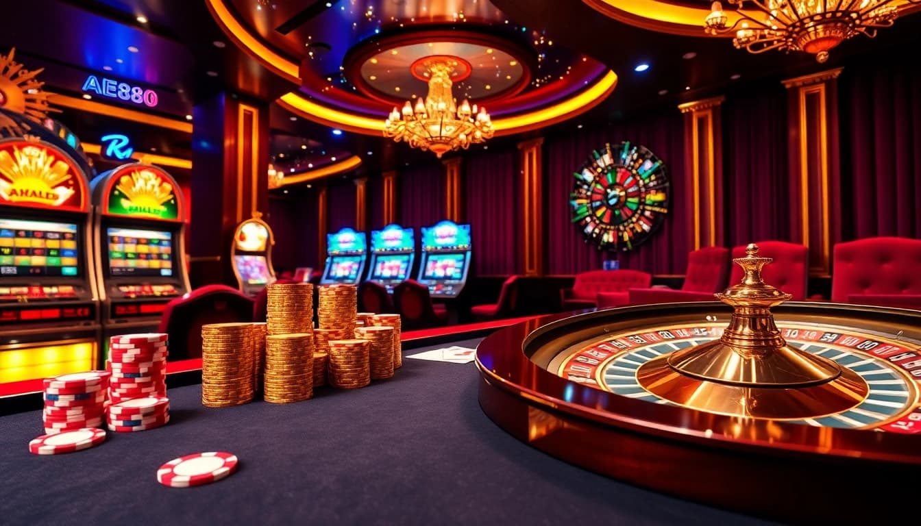 Experience the excitement of AE888 with vibrant casino elements like poker chips and roulette wheels.