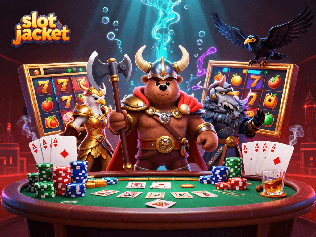 Spin the slot jackpot with Viking beserkers, Valkyries, and poker elements in an exhilarating casino scene.