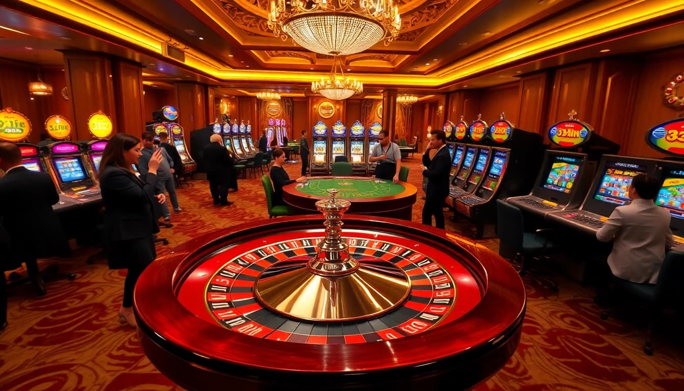 33win Casino excitement with players at roulette and poker tables in a luxurious setting.