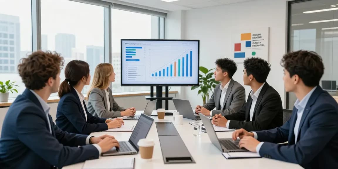 Team collaboration in a modern office space discussing bizop.org business analytics.