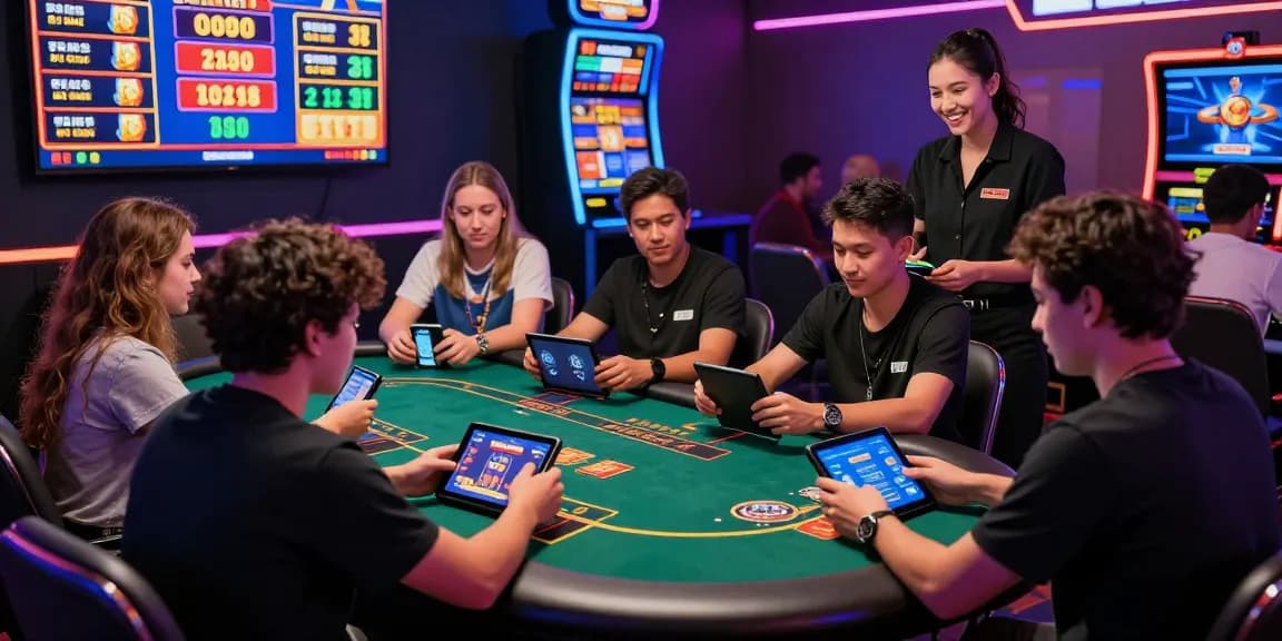 Pengalaman bermain juragan togel dan permainan kasino lainnya di platform online, menampilkan keragaman pemain dan suasana ceria.