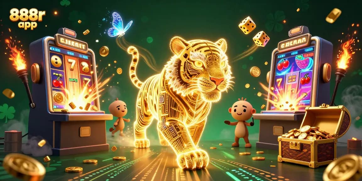 Engage with the vibrant 888r app in a dynamic casino scene featuring golden tiger and slot machine action.