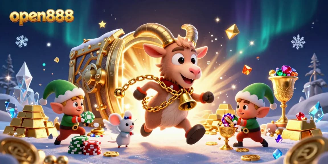 Experience the festive thrill at open888's holiday-horror casino, featuring a lively 3D scene.