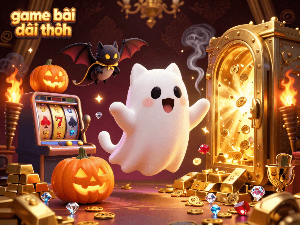 Experience the thrill of game bài đổi thưởng with a glowing ghost cat and vibrant casino elements.