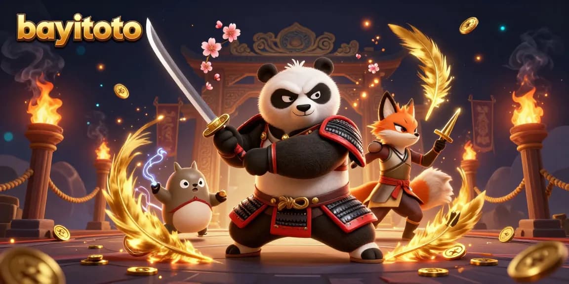 Engaging bayitoto action scene showcasing samurai panda, ninja fox, and spirit tanuki in a dynamic casino-themed battle