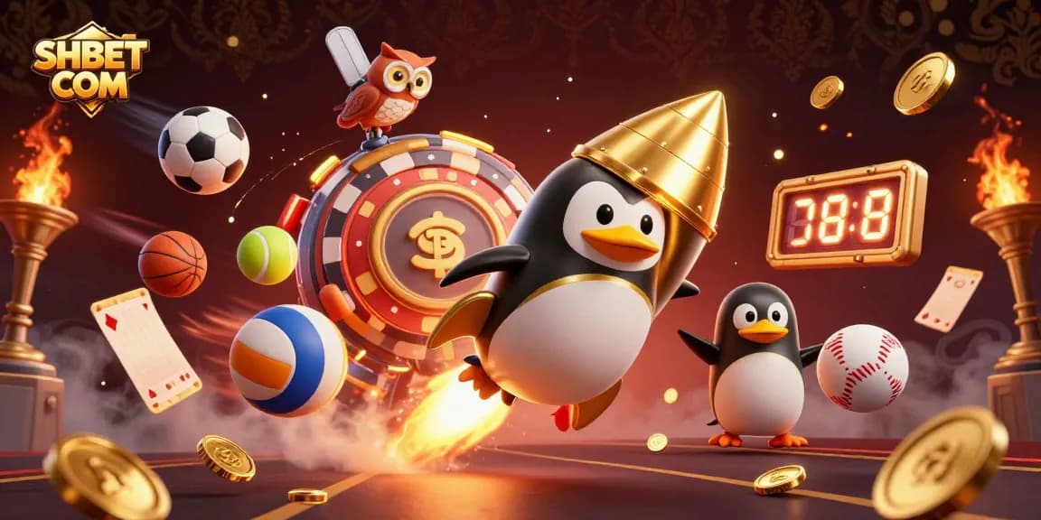 Experience thrilling gameplay with SHBET COM, featuring a dynamic golden penguin and casino elements.