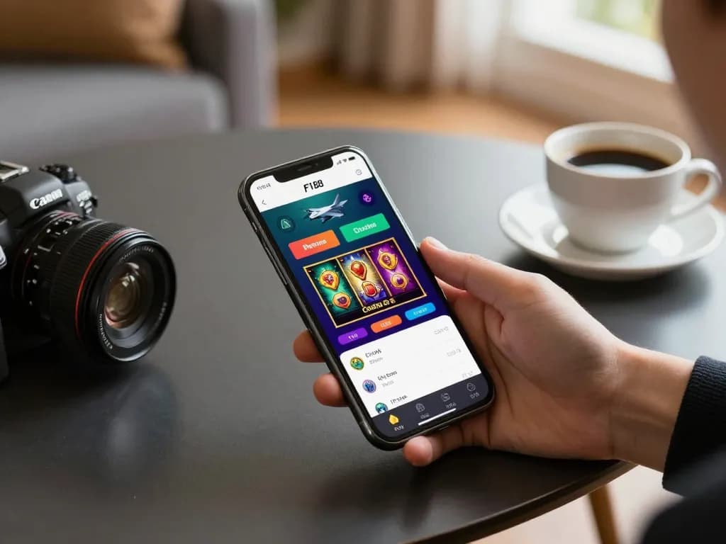 Player engaging with F168 on smartphone, showcasing interactive online casino gameplay in a cozy environment.