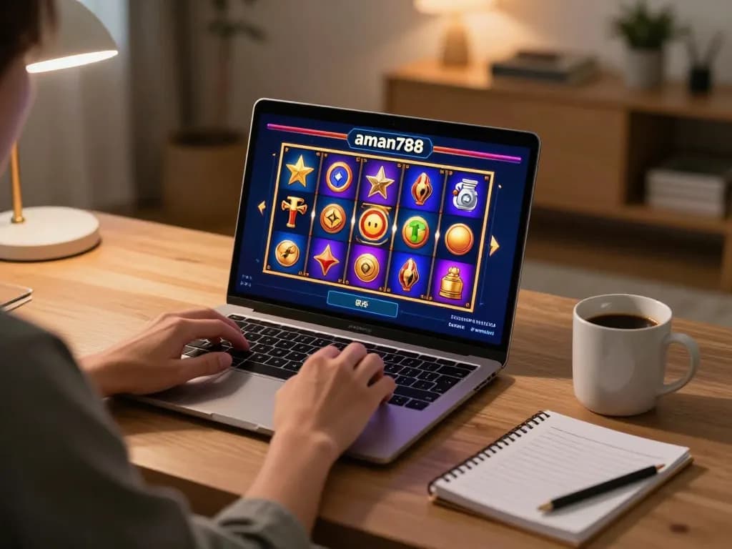 Memainkan aman788 slot online di kantor rumah yang nyaman, menampilkan pengaturan permainan yang menarik.
