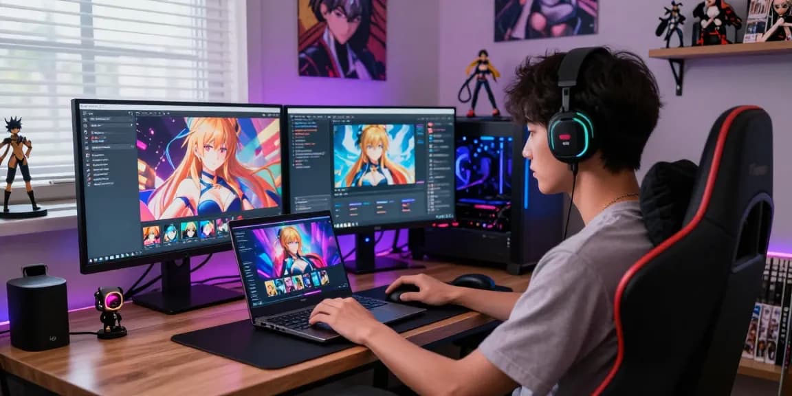 Engaged user interacting with hentai AI chatbot in a vibrant gaming setup.