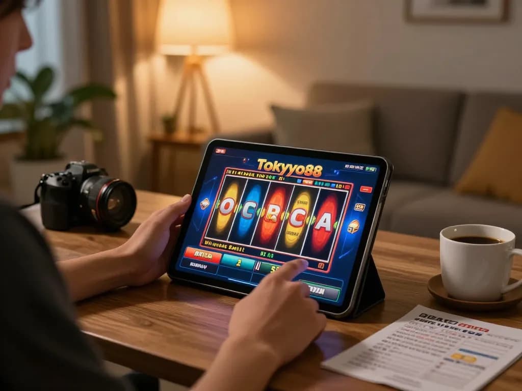 Pemain menikmati slot tokyo88 di tablet, menampilkan tampilan permainan yang cerah di suasana rumah yang nyaman.