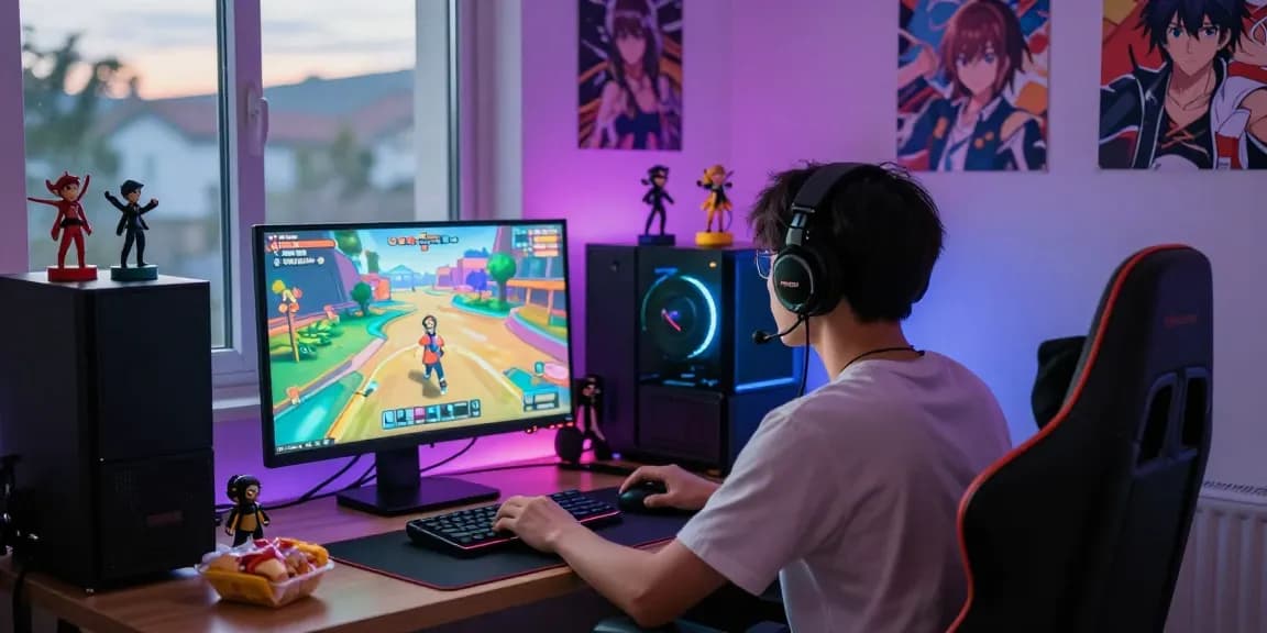 Player engaging with an ecchi game in a vibrant gaming setup with LED lights and anime decor.