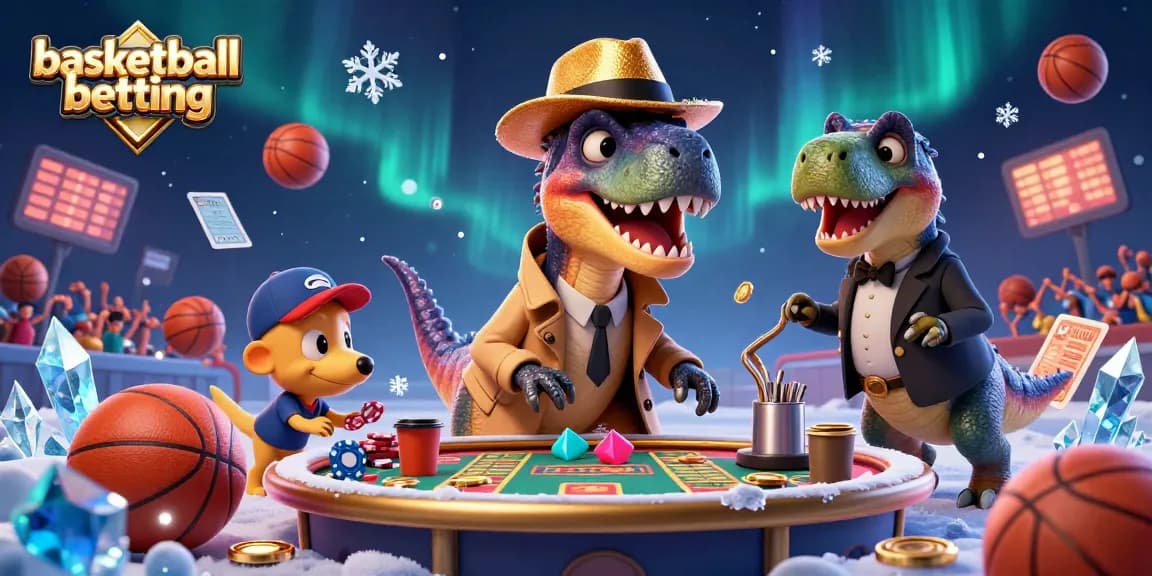 Experience basketball betting action with a velociraptor, stegosaurus, and compy gaming at a vibrant table.