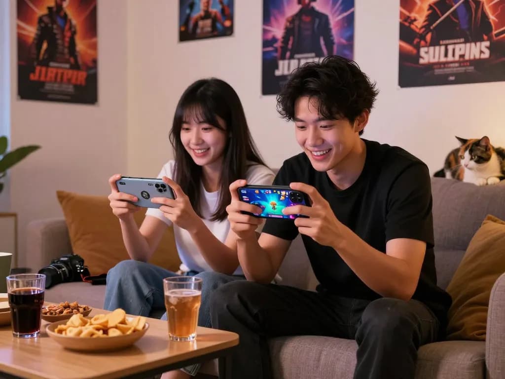 Enjoying mobile porn games together in a cozy living room.