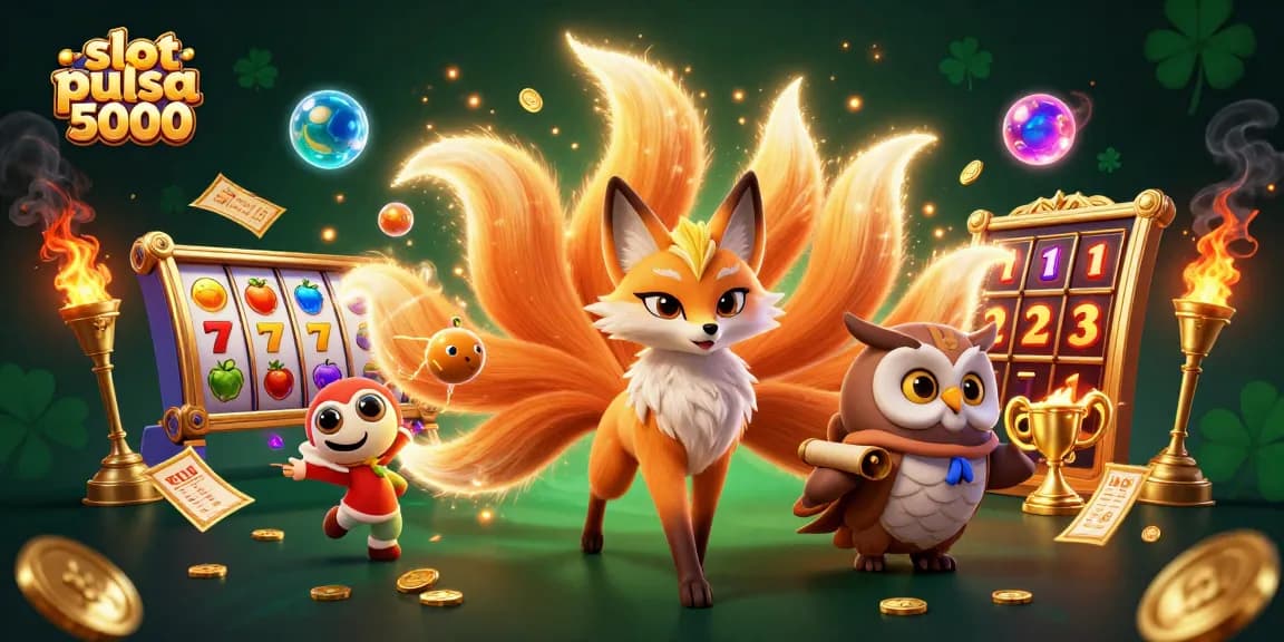 Slot pulsa 5000 hadir dalam ilustrasi penuh warna, menampilkan karakter unik dan elemen permainan slot yang berlimpah.