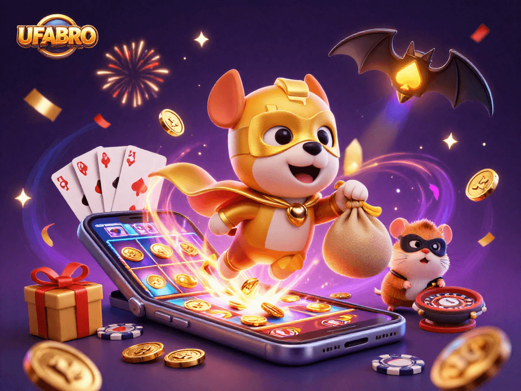Experience UFABRO's thrilling gaming scene with a superhero dog collecting gold coins amidst casino action.