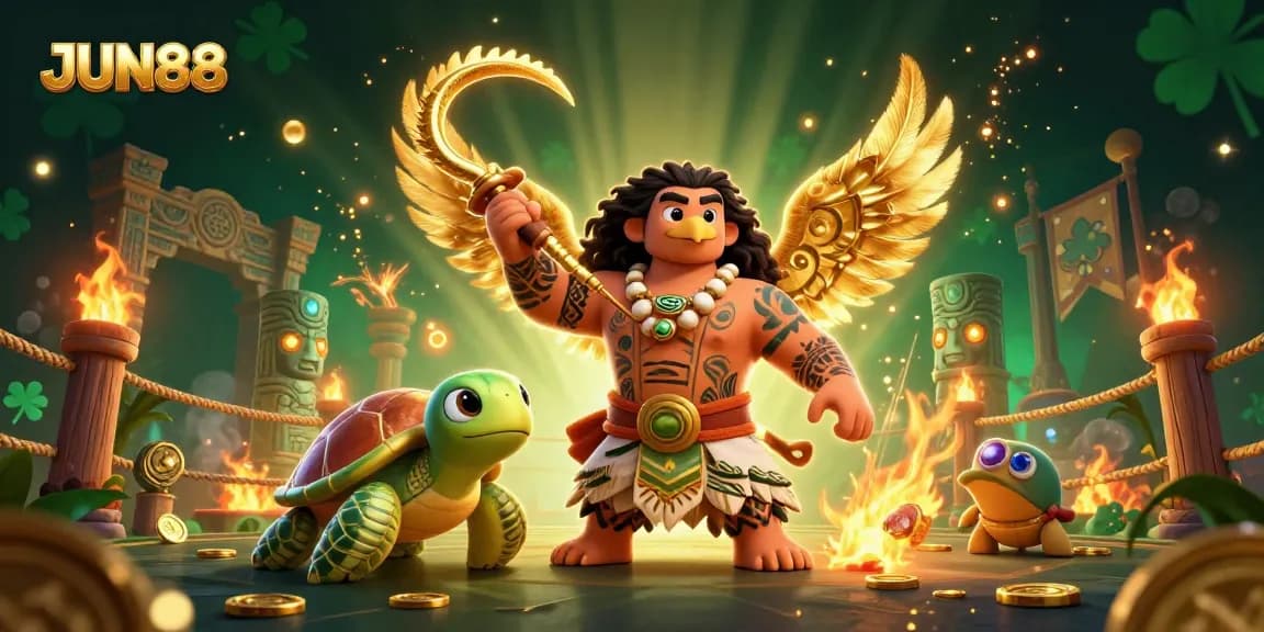 Engage in thrilling gameplay at JUN88 while watching an epic scene of a demigod and turtle in a vibrant casino.