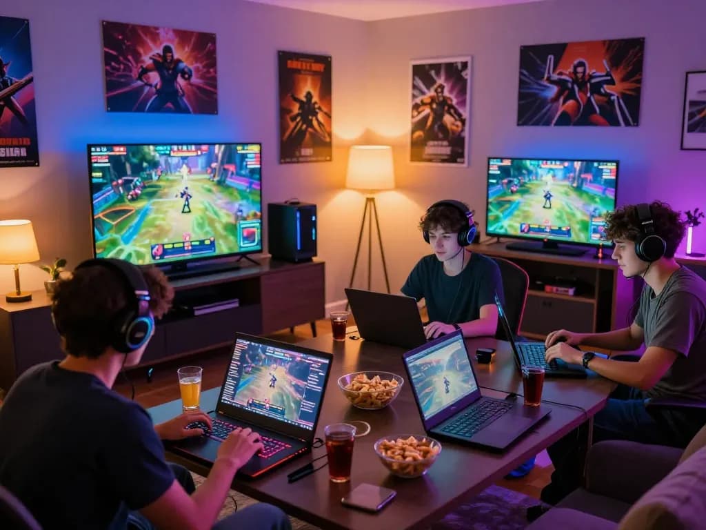 Gamers enjoying online games with dragon77 on their laptops in a lively living room.