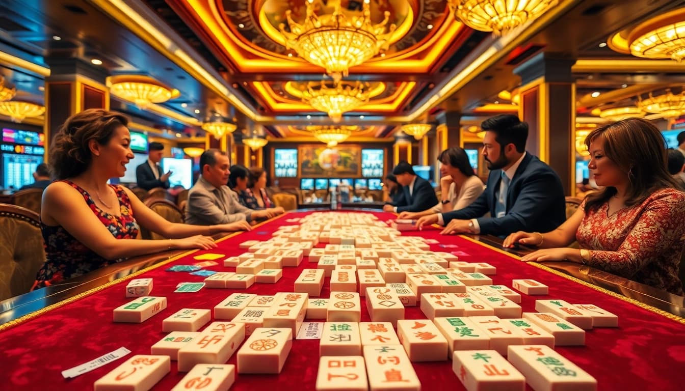 Experience the thrilling hz88 game with players engaged at a vibrant mahjong table in a luxurious casino setting.