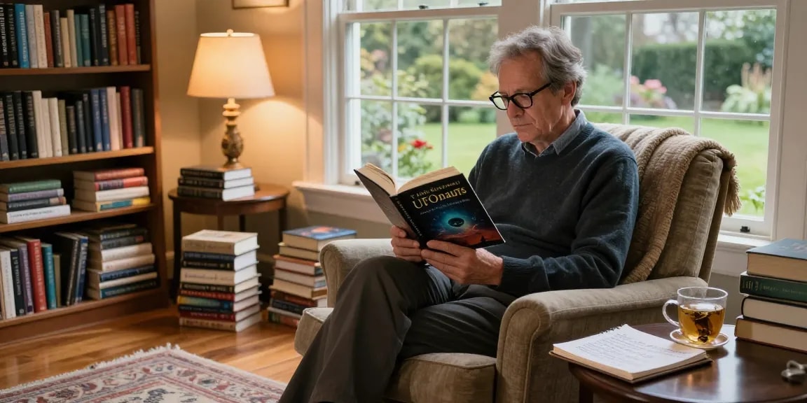 Explore T Allen Greenfield’s work on https://tallengreenfield.com amidst a cozy library setting.