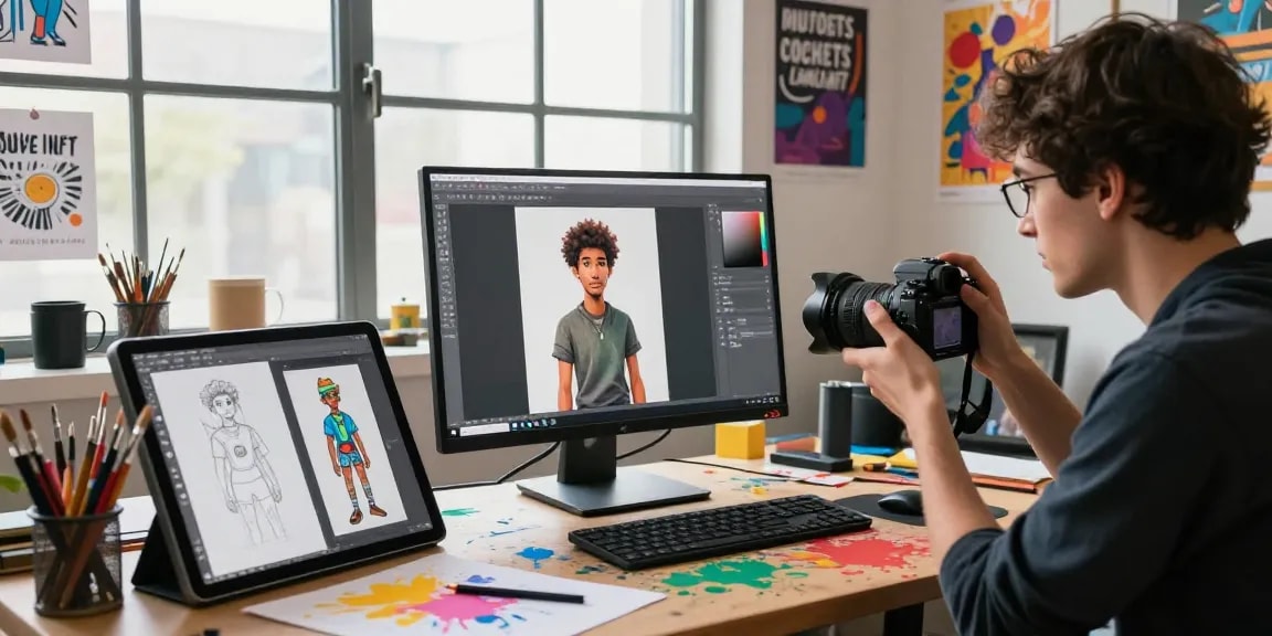 Artist creating interactive NSFW AI character models in a vibrant studio environment, focusing on digital innovation.