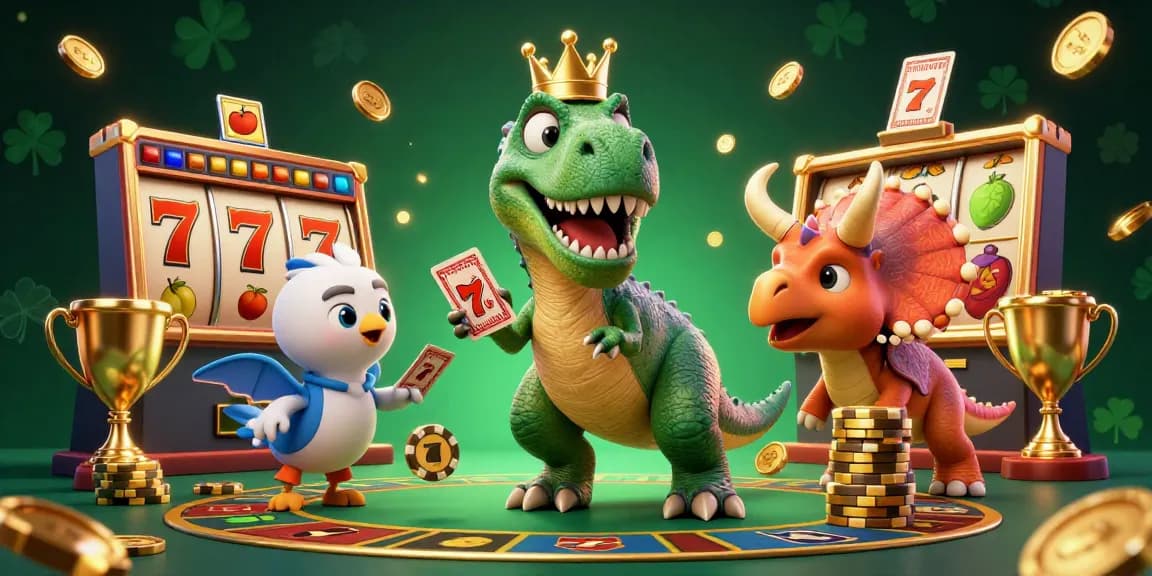 Join the fun at F8BET and experience thrilling gaming with dinosaur-themed characters and casino elements.