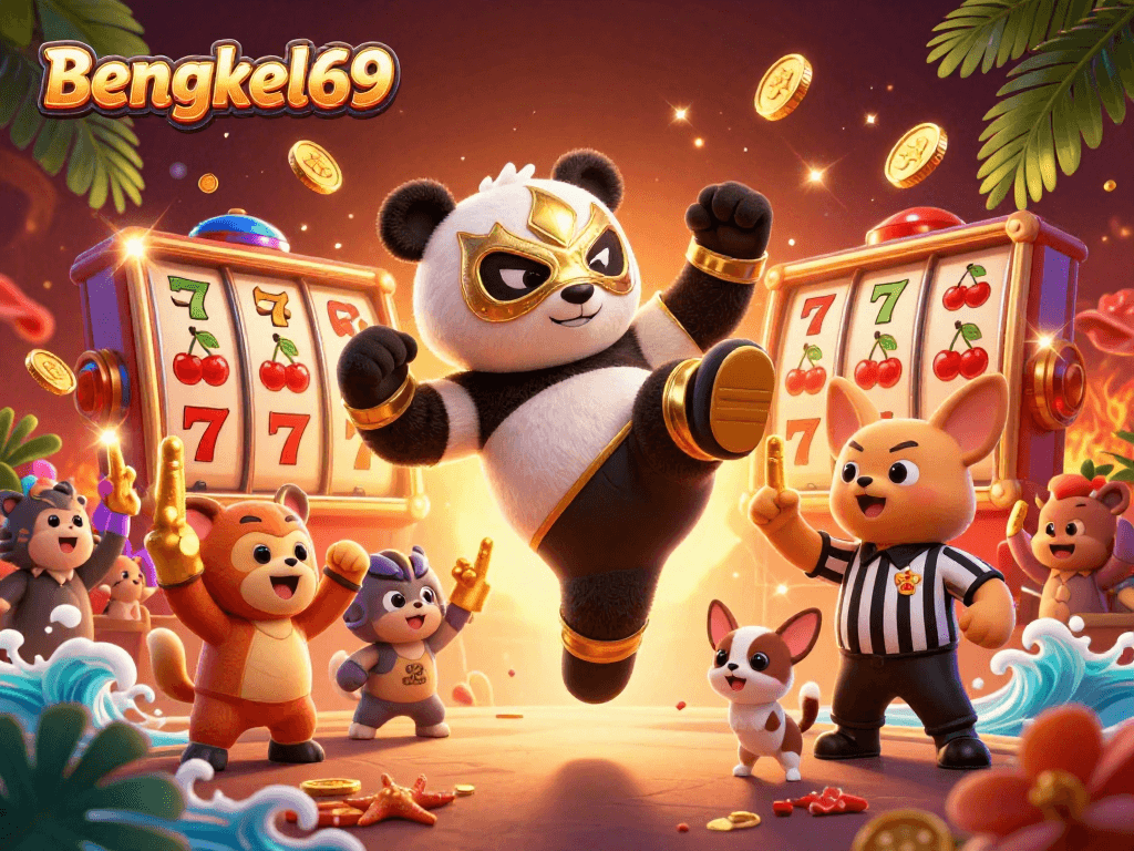 Bengkel69 features exciting 3D digital art of a wrestling panda in a casino scene celebrating with spectators.