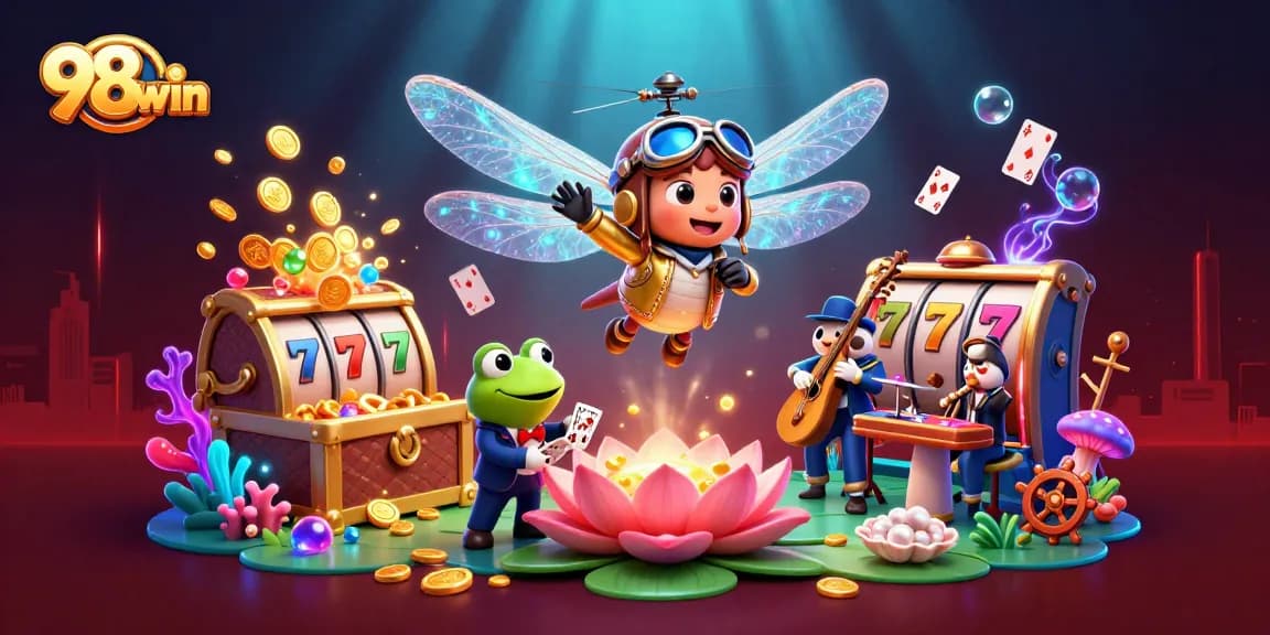 Engage with 98win's thrilling casino adventure featuring vibrant characters and dynamic game elements.