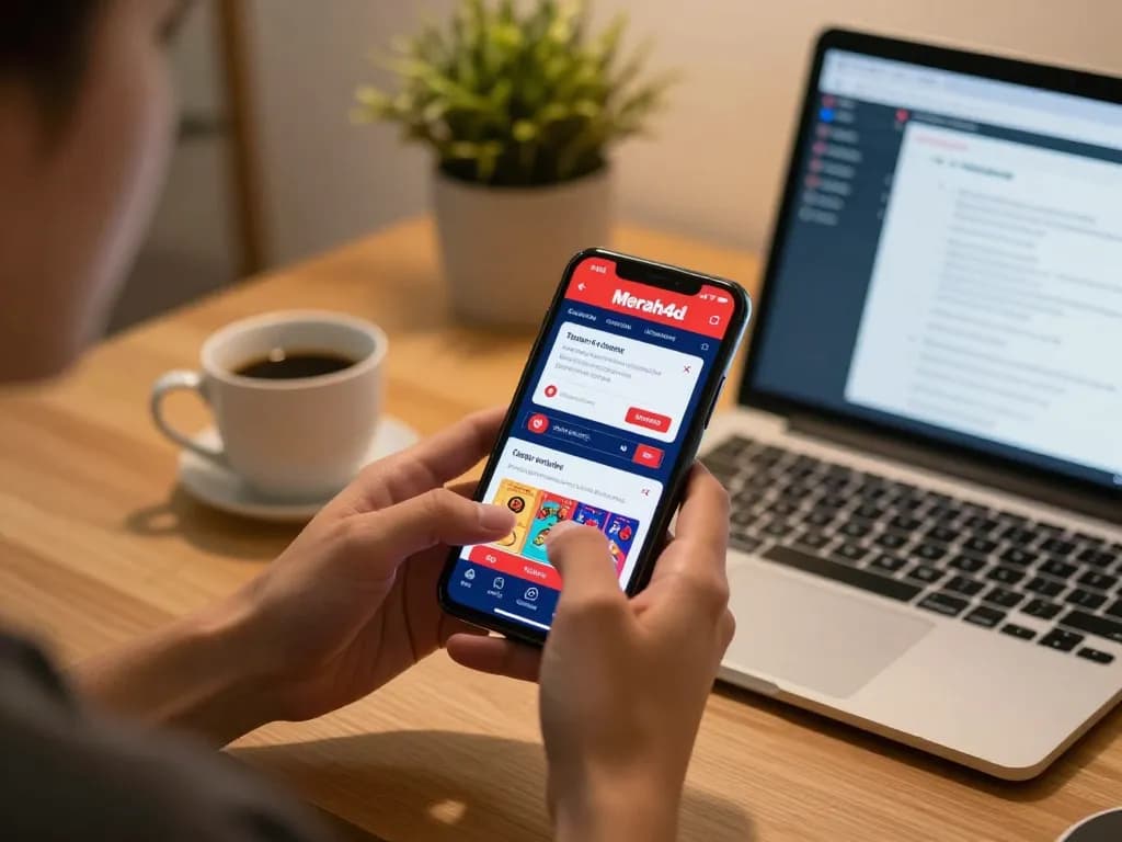 Pertandingan menarik di aplikasi merah4d, menampilkan seorang pemain yang menggunakan smartphone dalam pengaturan yang nyaman.