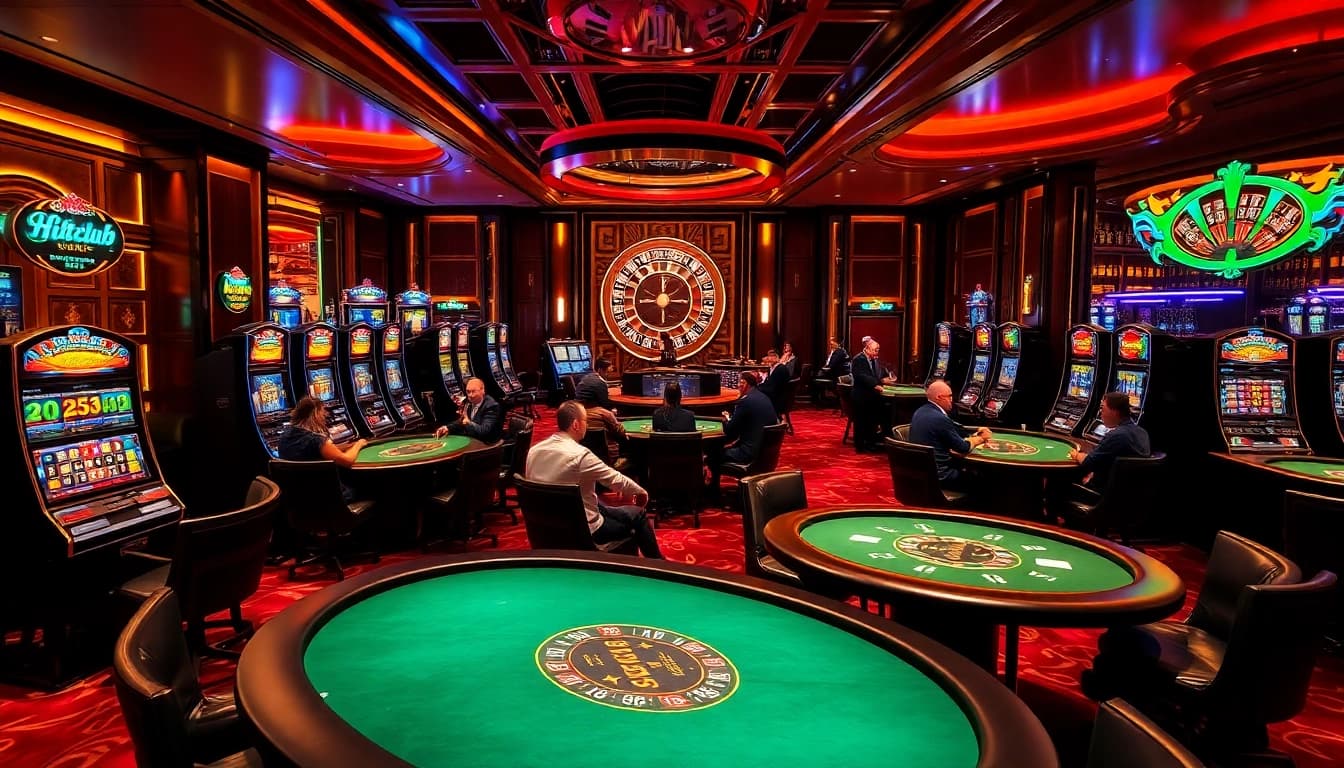 Hitclub gamers placing bets at luxurious casino tables and vibrant slot machines.