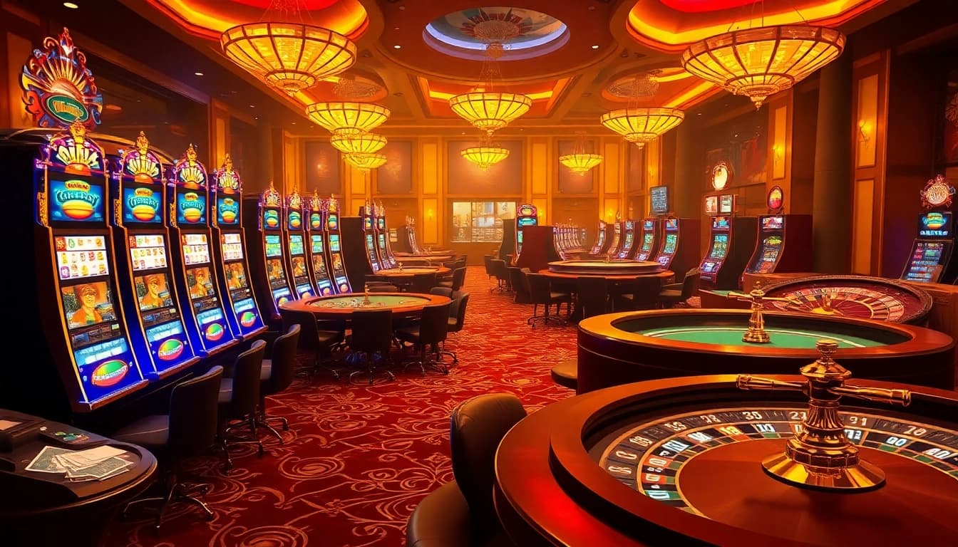 Experience thrilling gameplay at apiraja88 with dynamic casino elements like slot machines and poker chips.